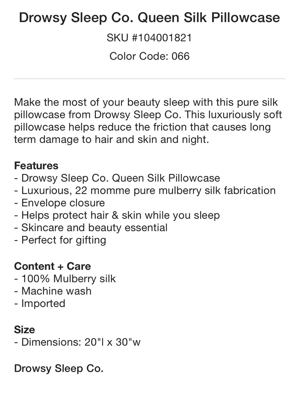 Drowsy Sleep Co. Queen Silk Pillowcase